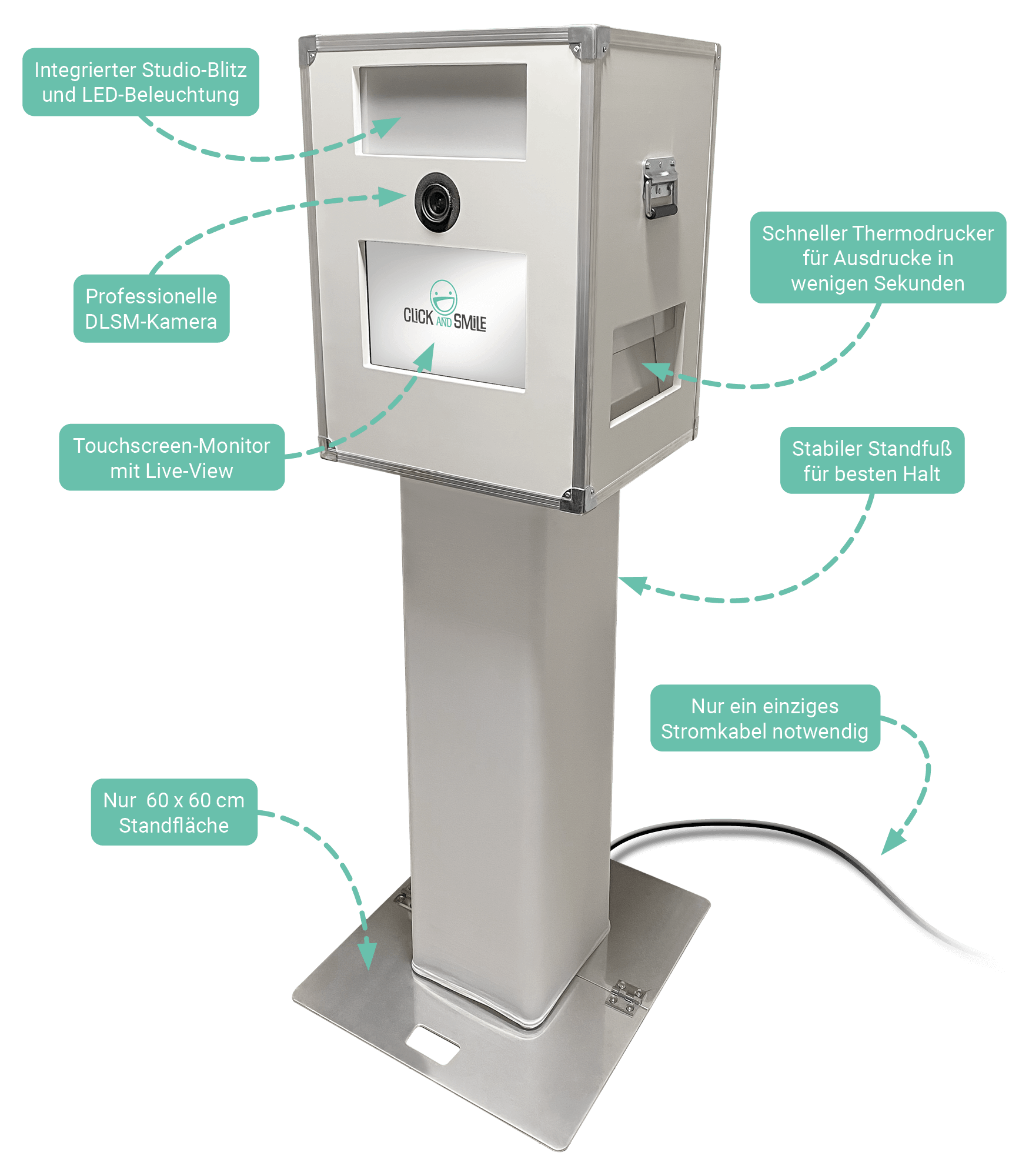 click and smile Fotobox mit LED-Beleuchtung, Blitz, Kamera, Touchscreen, Druckerfach und Standfuß