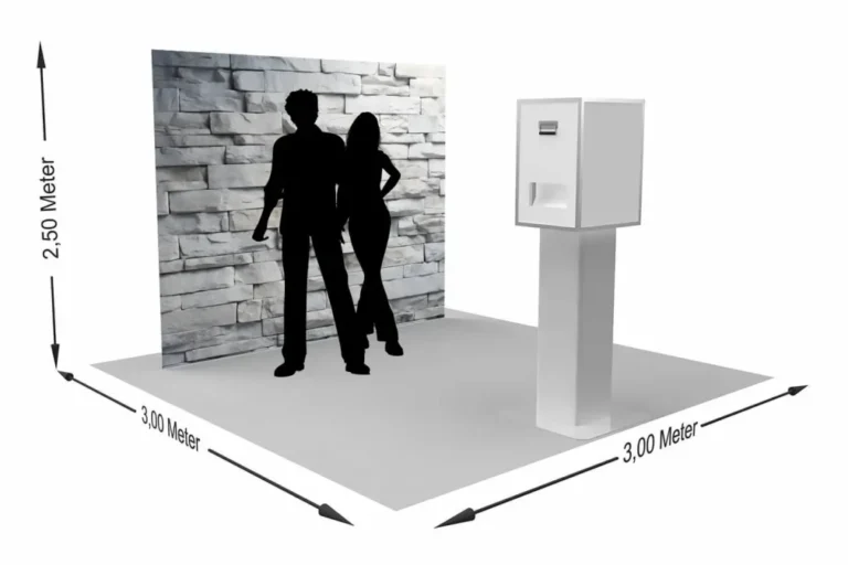 Empfohlener Platzbedarf für die click and smile Fotobox mit Hintergrundsystem – mindestens 3x3 Meter