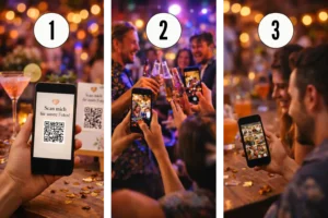 Partyfotos per QR Code in 3 Schritten: scannen, hochladen, ansehen